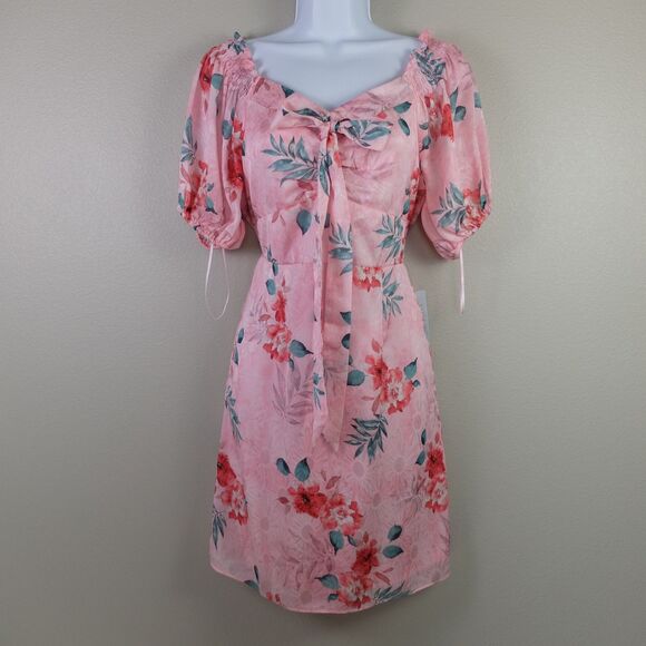 NSR Pink Floral Satin Dress Front Tie Smocked Back Dress Size Medium NWT - Picture 1 of 9